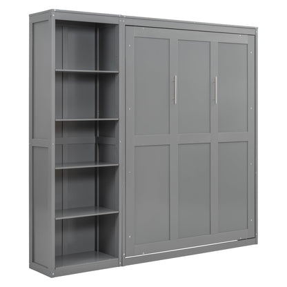 Merax Space-Saving Gray Murphy Bed Full Size with Adjustable Storage Shelves, Multifunctional Foldable Wall Bed for Small Spaces Studio Study Office Guest Room