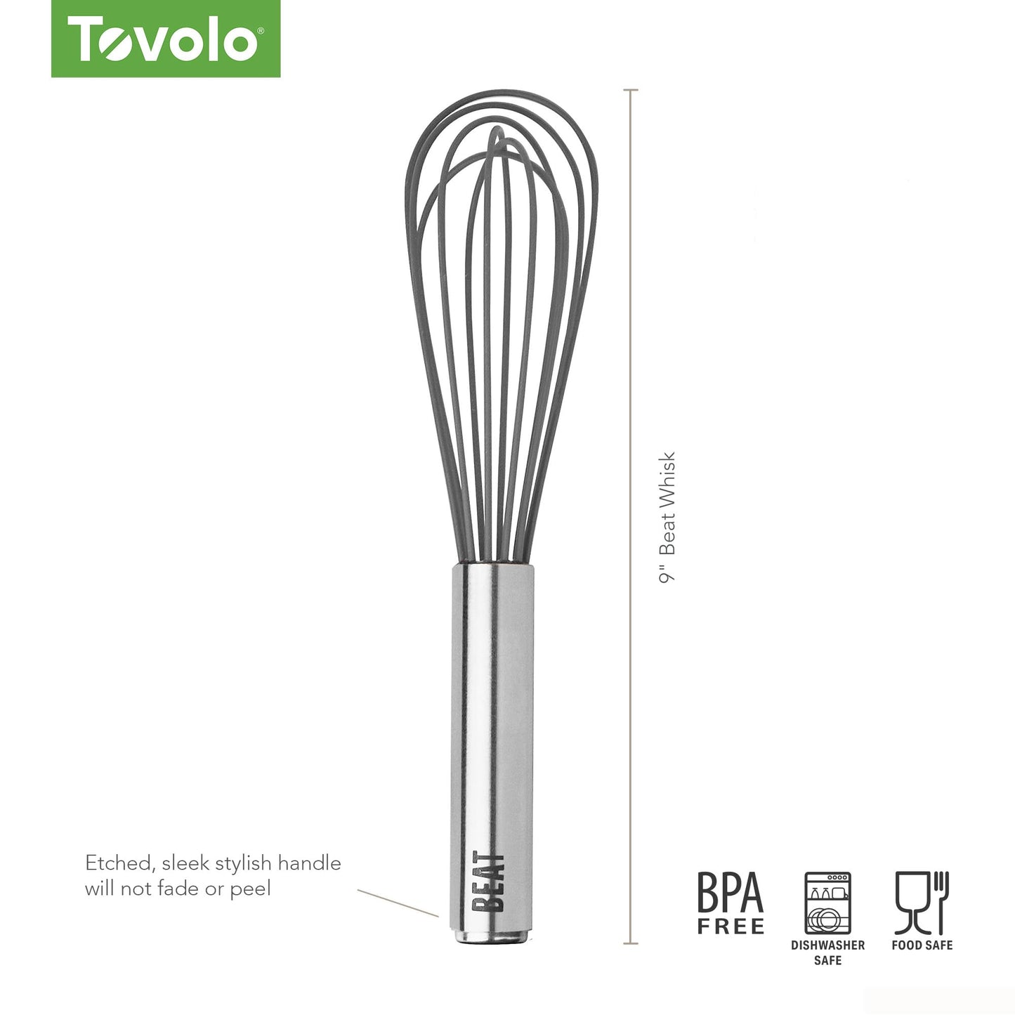Tovolo Whisk 9 Inch Heavy Duty Silicone Wire Stainless Steel Whisker for Cooking Baking Blending Mixing Stirring Whipping Whisking, Dishwasher Safe Multi Use Classic French Wire Whisk, Charcoal Gray