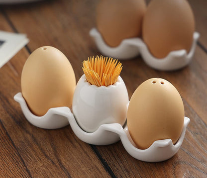 Egg-Shaped Ceramic Spice Shaker Seasoning Dispenser Flavor Ware Toothpick Jar Bottle With Holes, Porcelain Cruets Salt and Pepper Powder Tank with Tray for Barbecue Restaurant Kitchen Household Gift