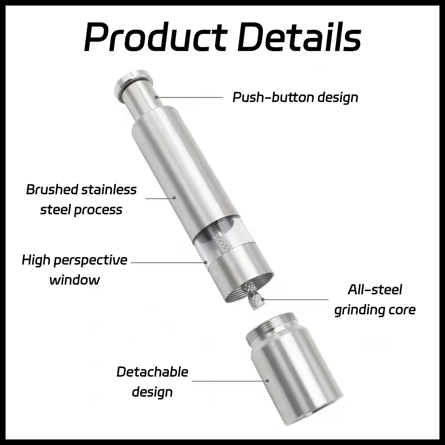 1 Pcs Salt And Pepper Grinder,Modern Thumb Stainless Steel Push Button Salt And Pepper Grinder,For Black Pepper, Sea Salt And Himalayan Salt, Spice And Salt(Silver)