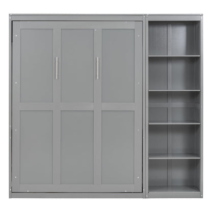 KTATK Full Size Murphy Bed with Five-Layer Cabinet,Solid Wood Storage Hidden Wall Beds Frame,W/Dual Piston Metal Folding Mechanism Designed,Space-Saving,for Home Office,Study,Guest Room,Gray