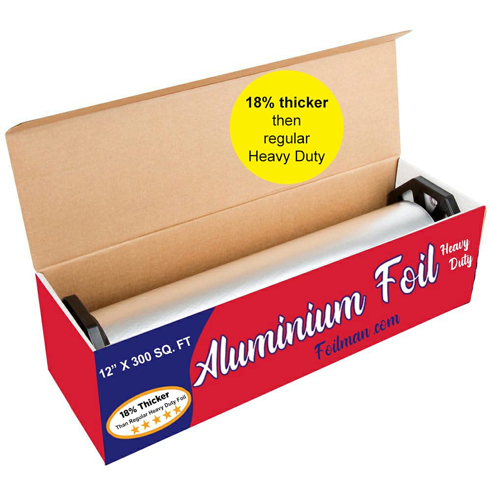 Foilman Thick & Heavy Duty Aluminum Foil Roll with Sturdy Corrugated Cutter Box, Food Safe Cling Wrap for Cooking, Baking, Roasting, Grilling, Freezer Storage - Durable Kitchen Use - 12 in x 300 sq ft