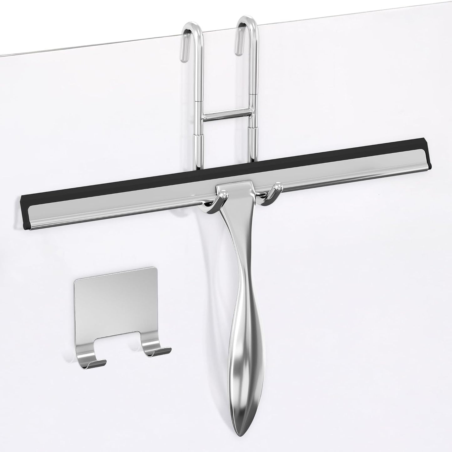 12" Shower Door Squeegee with Adhesive & Hanging Hooks, Silicone Blade - Stainless Steel All-Purpose Squeegee