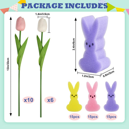 letesult Easter Bunny Vase Filler Decorations, 16 PCS Tulips Artificial Flowers & 45 PCS Bunnies Vase Filler Kit, Easter Spring Rabbit Flowers Vase Filler for Table Centerpiece Spring Home Decoration