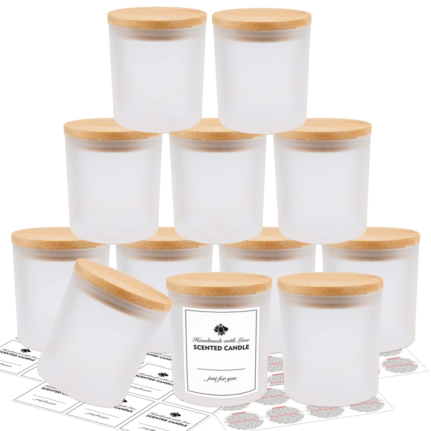 SUPMIND 12 Pack Glass Candle Jars-10oz Frosted Empty Candle Jars with Bamboo Lids and Sticky Labels, Bulk Candle Jars for Making Candles Containers - Dishwasher Safe