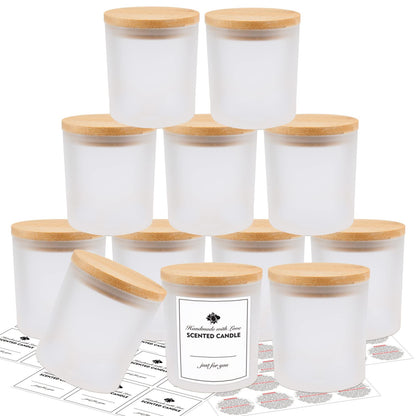 SUPMIND 12 Pack Glass Candle Jars-10oz Frosted Empty Candle Jars with Bamboo Lids and Sticky Labels, Bulk Candle Jars for Making Candles Containers - Dishwasher Safe