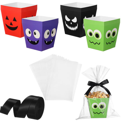 Pajean 24 Sets Halloween Popcorn Boxes with Cellophane Bags and Ribbon, 4.72''x 4.72''x 3.54'' Cardboard Paper Snack Treat Goodie Gift Cookies Candy Boxes for Trick or Treat Halloween Party Favors