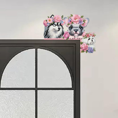 C'eitura Dog with Pink Flower Collar Diamond Painting on Wood, 5D DIY Custom Door Topper for Home Entryway Decor, Cute Animal Wall Art
