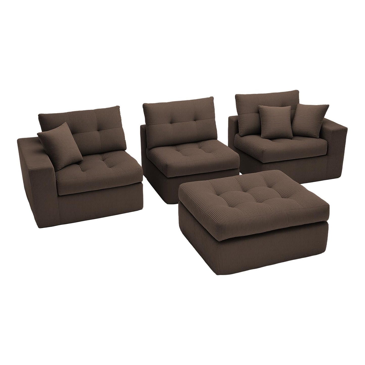 113-Inch L-Shaped Modular Corner Cloud Sofa Corduroy Tufted Foam Sectional with Deep Seat, 4 Pieces Compressed Boneless Sofa Couch with Movable Ottoman & 4 Toss Pillows