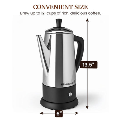 12-Cup 360 Elite Gourmet Electric Coffee Percolator, Dishwasher Safe Stainless-Steel Filter, Lid & Tube, Keep Warm