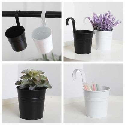 XZJMY 5 Pcs Hanging Flower Pots Metal Iron Bucket Planter Pot Metal Bucket Flower Holder with Hook Indoor Outdoor Decor for Railing Fence Balcony Garden (Black)