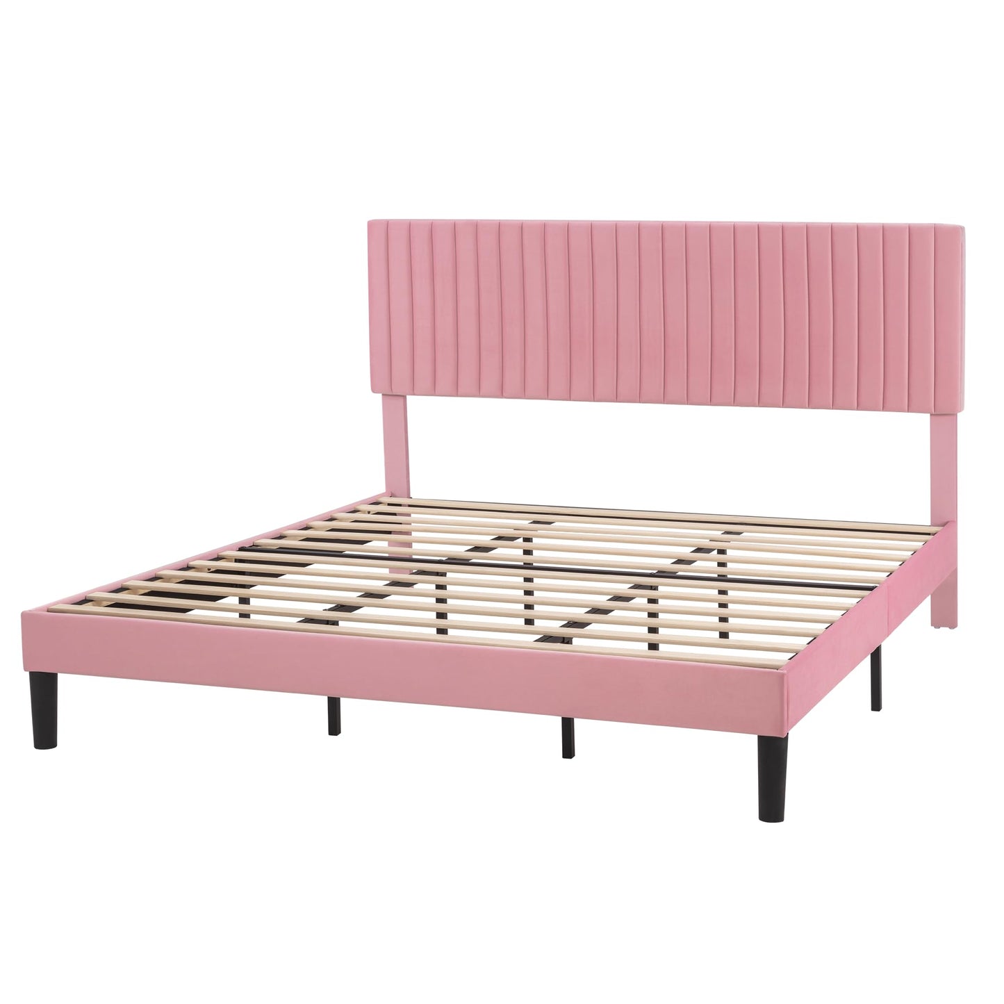 SHA CERLIN King Upholstered Platform Bed Frame with Adjustable Headboard/Vertical Channel Tufted Velvet Fabric/Wooden Slats Support/Mattress Foundation/Box Spring Optional/Pink