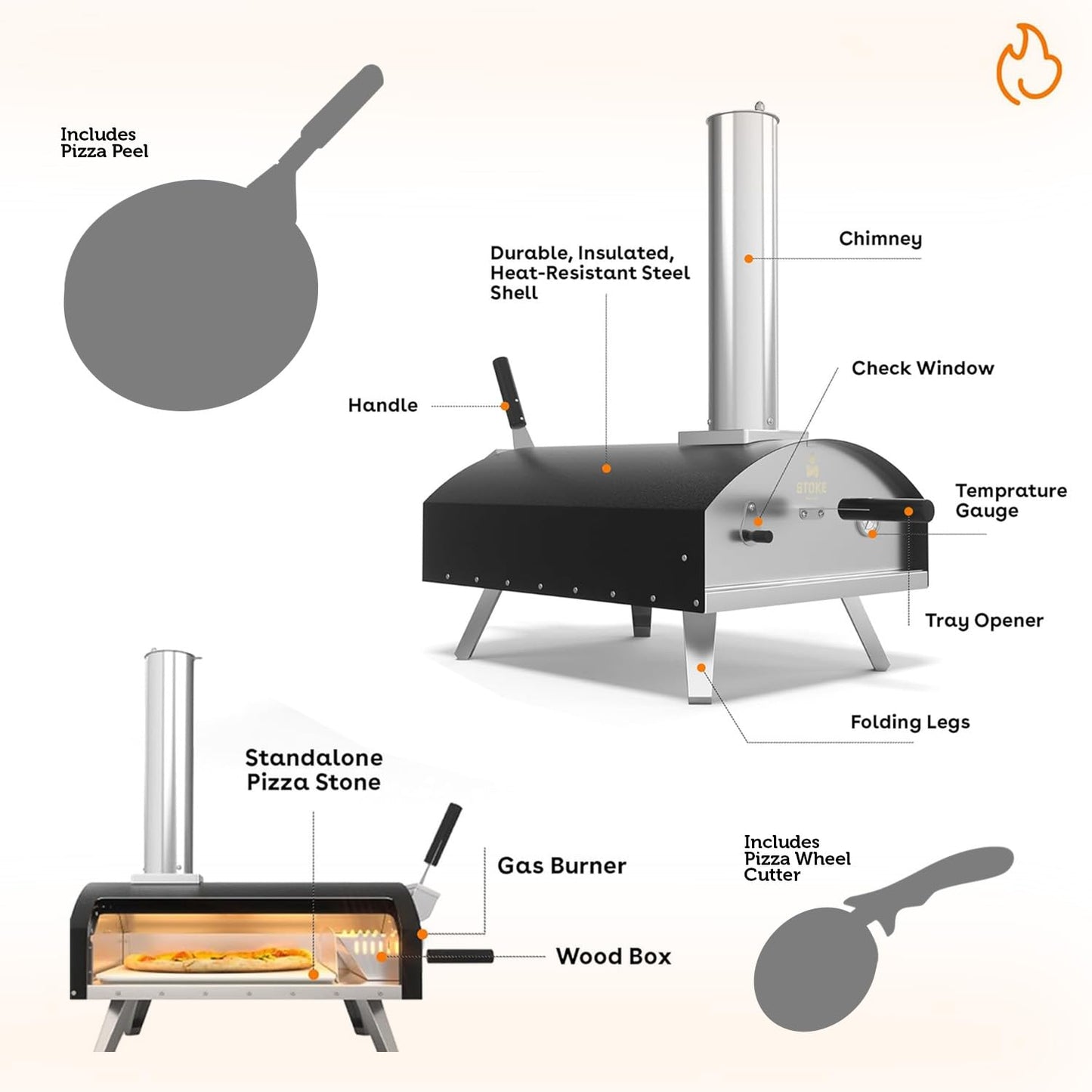 Stoke 16 Inch Outdoor Pizza Oven – Portable Outdoor Pizza Maker for Backyard, Camping, or Tailgating – Stainless Steel Multi-Fuel Oven with Pizza Stone & Accessories