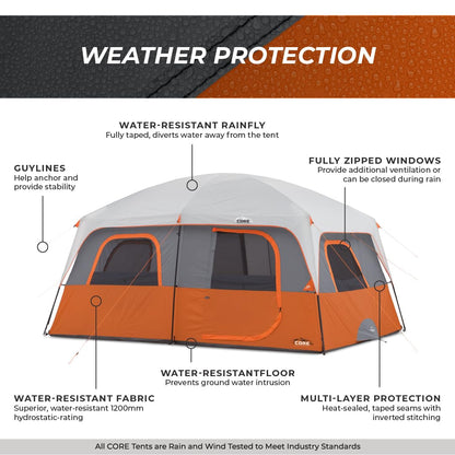 CORE 10 Person Tent | Large Multi Room Family Cabin Tent with Carry Bag for Outdoor Car Camping | Included Gear Loft Organizer for Camping Accessories