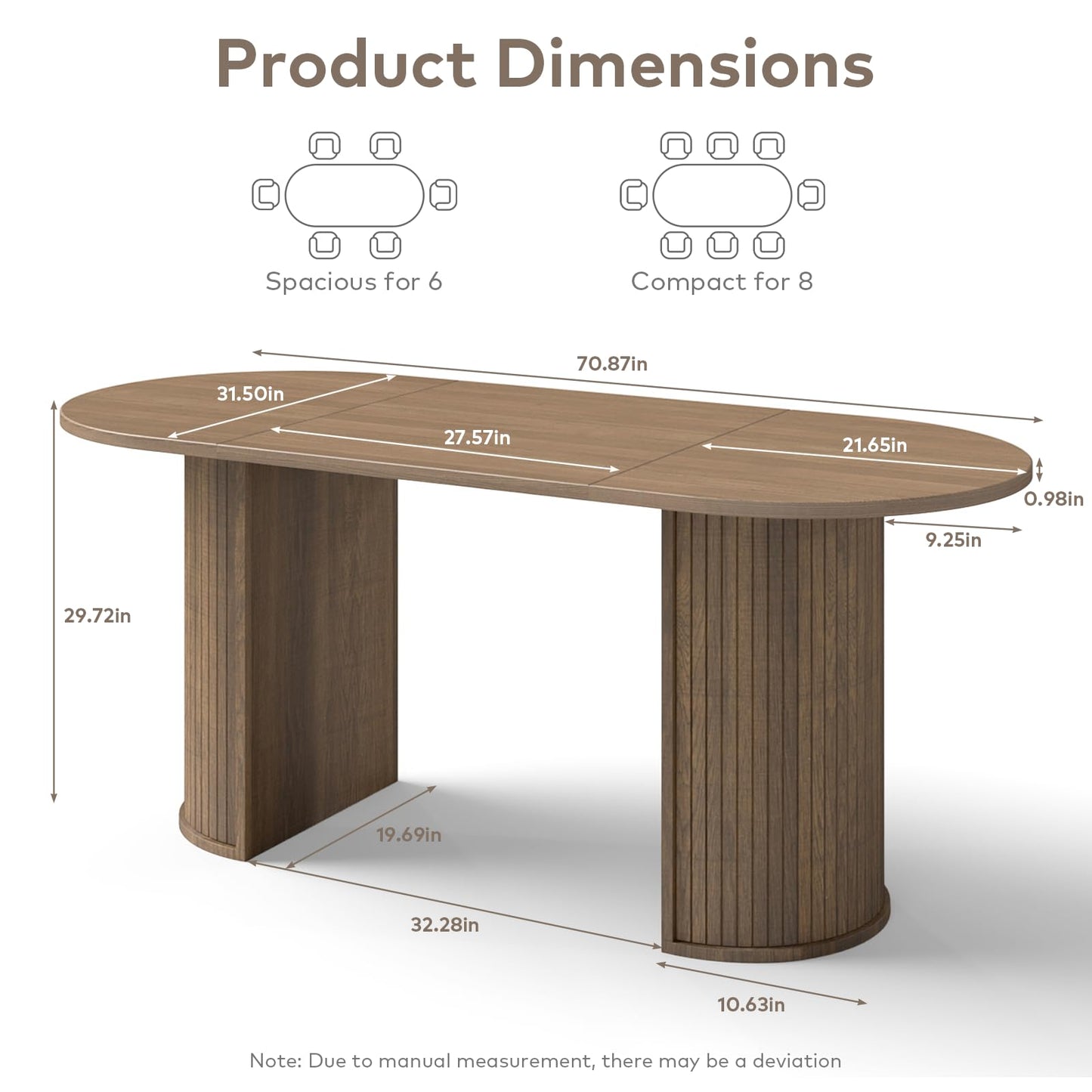 SoarFlash 70.8" Oval Dining Table for 4-6 Person Kitchen Table with Semi-Cylindrical Legs Base Modern Farmhouse Dinner Tables for Dining Living Receiption Room (Brown)