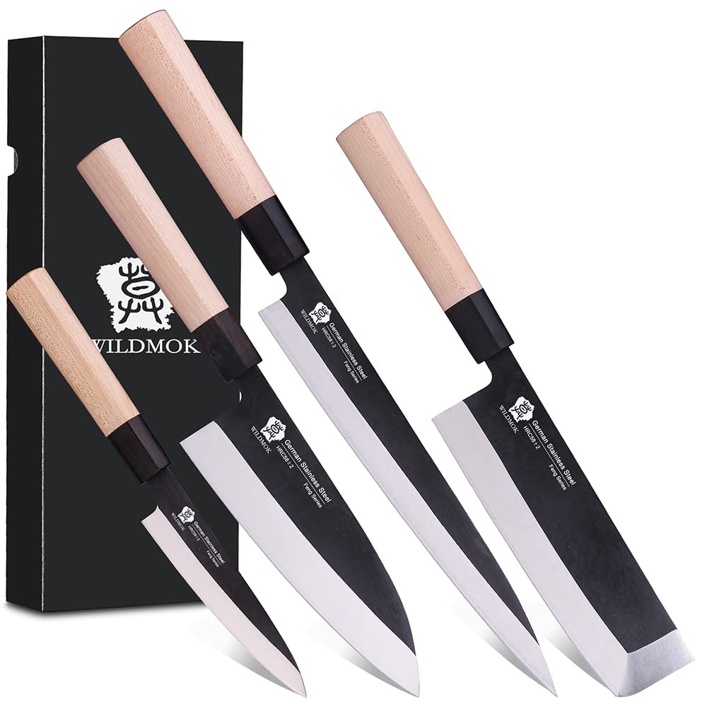 WILDMOK Set of 4 GYUTO Sushi Chef Knives-Yanagiba-Deba-Nakiri-Utility Kitchen Knife, Fish Slicing Filleting Knife Sets with German Steel Blade & Traditional Wooden Handle