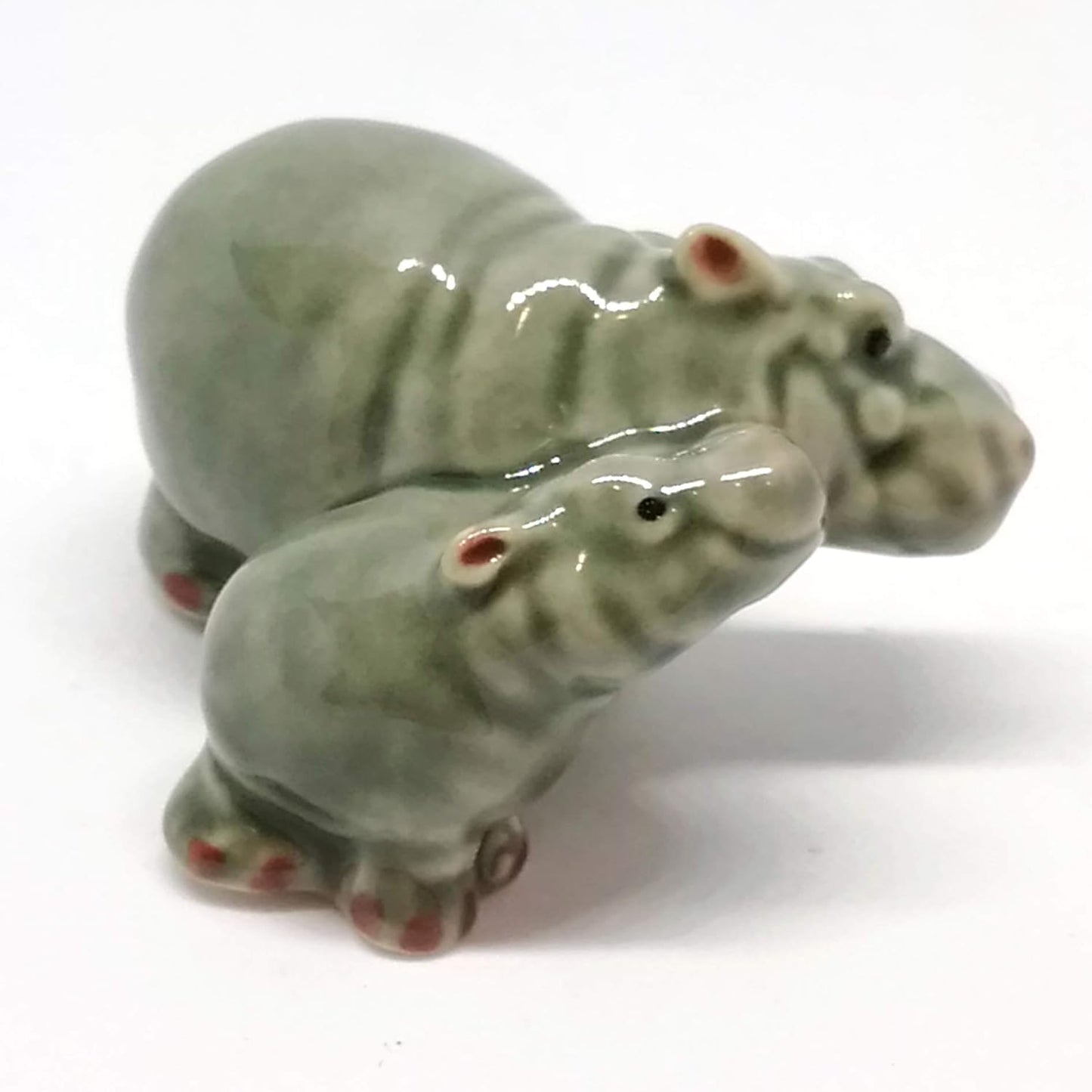 ZOOCRAFT Ceramic Hippo Figurine Mom and Baby, Hand Painted Porcelain Terrarium Garden Decor