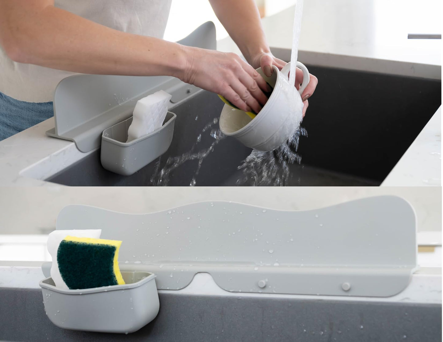 Silicone Sink Splash Guard with Sponge Holder -19.5" x 4.5" x 2.5",- Strong Suction - Sink Edge Protectors for Kitchen Sink - Kitchen Sink Splash Guard - Gray