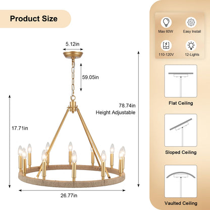 ZJVAIVE 12-Lights Gold Wagon Wheel Chandelier 26.77" Large Gold Farmhouse Chandelier Vintage Circle Light Fixture for Dining Room Kitchen Island Height Ceiling Living Room