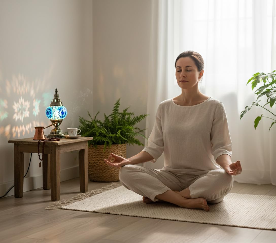 KRAFTSTORIES Turkish Mosaic Lamp Kit DIY Glass Decorative Table Bedside Night Light Tabletop for Living Room Bedroom | Make Your Own Lamp | Antique Bronze Base (Blue)