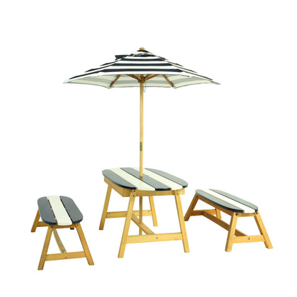 Gecheer Naturally Playful Kids Picnic Table with Umbrella – Indoor/Outdoor Wooden Table Set for 4 Children, Dark Blue, Round Corner Safety Design