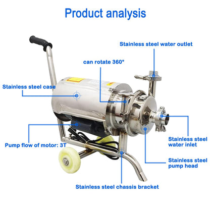 INTBUYING Food Grade Centrifugal Pump 304 Stainless Steel 3T Sanitary Beverage Pump Transfer for Liquid Mobile 110V/0.75KW