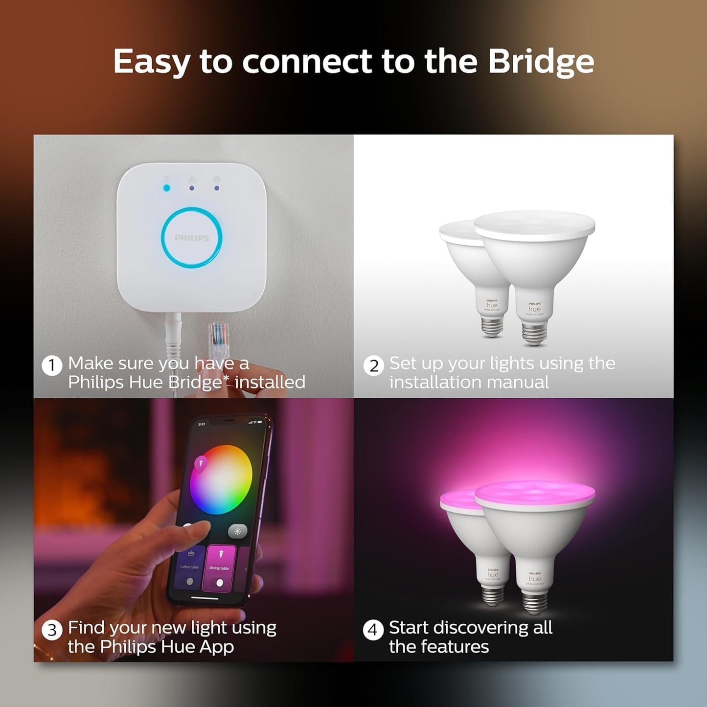 PHILIPS Hue Smart 100W PAR38 LED Bulb, 2 Pack, White & Color Ambiance Color-Changing Light, 1300LM, E26, Outdoor Light Bulbs, Control with Hue App, Works with Alexa, Google Assistant and Apple Homekit