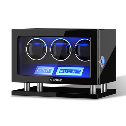 DUKWIN Watch Winder for 3 Automatic Watches,Fingerprint Lock Watch Winders with LCD Touchscreen, Blue LED Light, Remote Control,Adjustable Pillow and Quiet Motor for Universal Watches, 5TPD