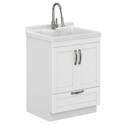 SIMPLIHOME Maile All-in-One 24 inch Wide Utility Sink and Laundry Cabinet in Pure White Finish, Transitional ABS Sink Cabinet for Laundry Rooms or Garage with High-Arch Chrome Faucet and Storage
