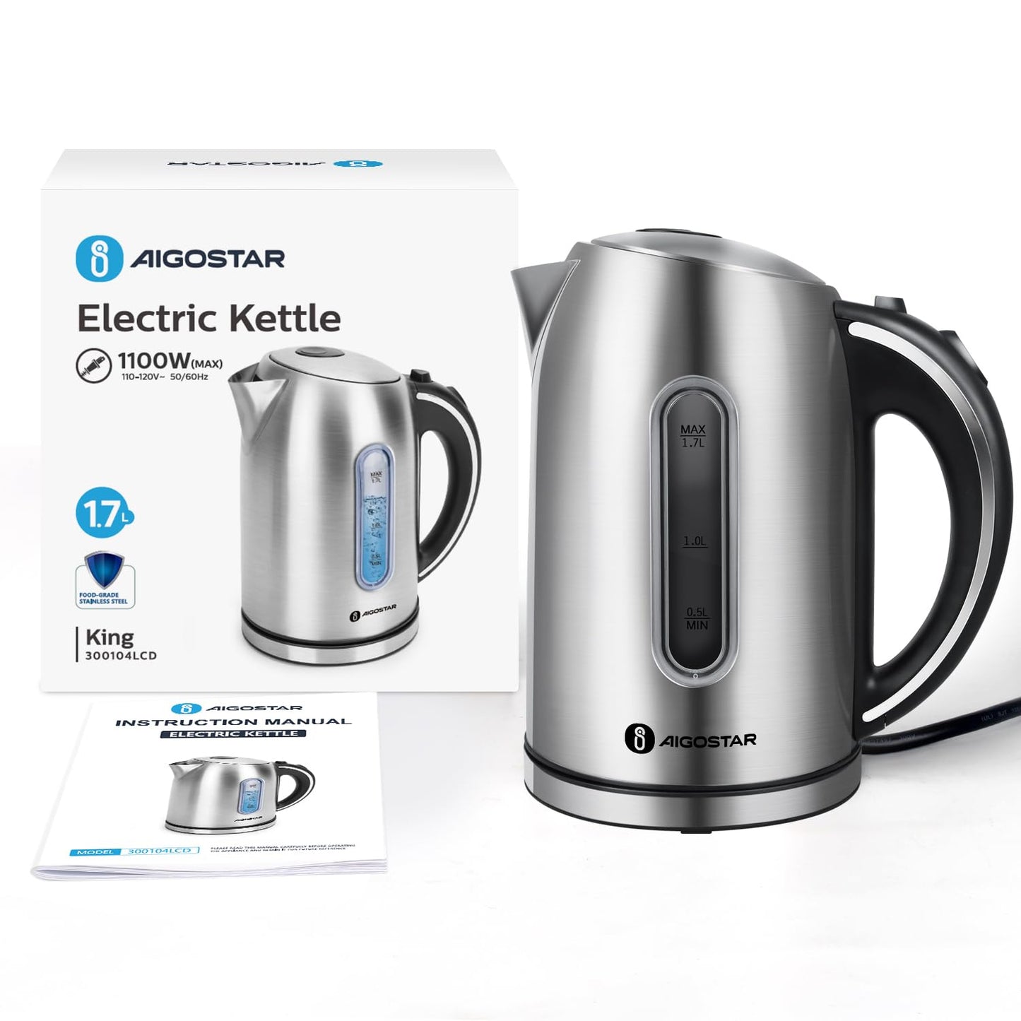 Aigostar King - Electric Kettle Stainless Steel, 1.7 Liter Cordless Tea Kettle, 1100W Hot Water Kettle with Auto Shut-Off, BPA-Free