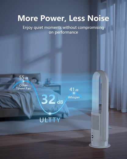 U ULTTY Bladeless Fan with Air Purifier, Quiet Tower Fan with Remote, Touch, 9 Speeds, 8H Timer, HEPA Filter 99.97%, 90° Oscillation Fans, Floor Fans Powerful for Home Office Room, CR022D White