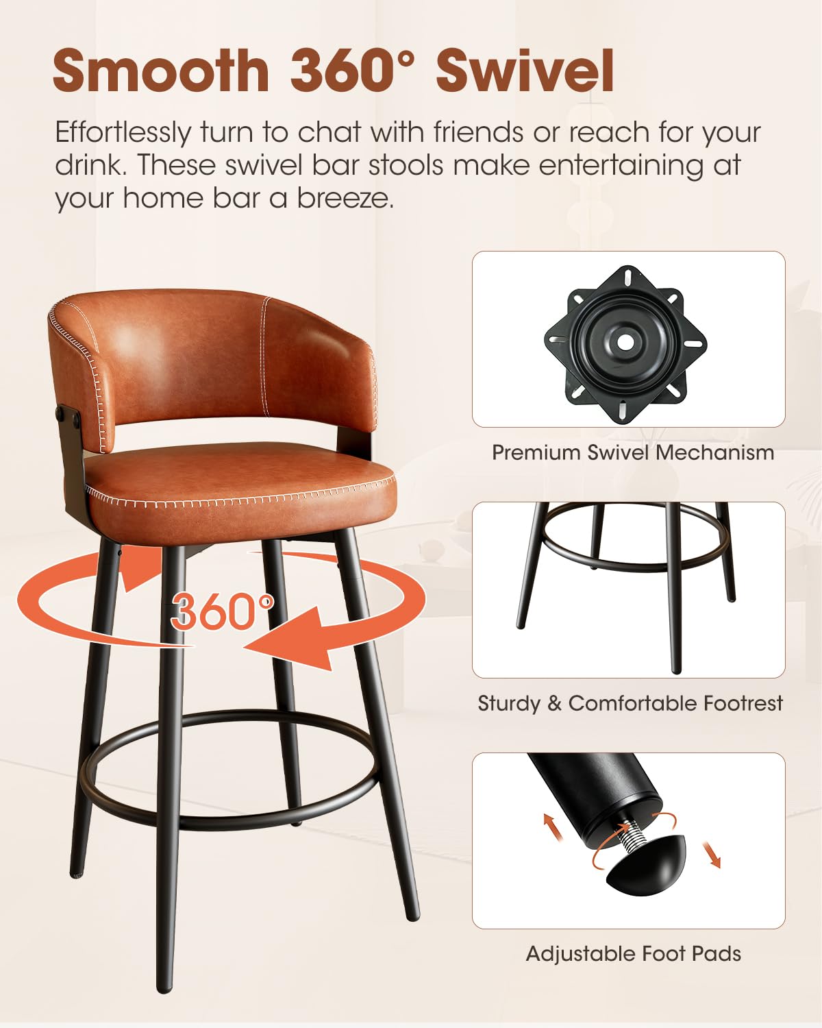 IZXGS Bar Stools Set of 4, 30" Swivel Bar Height Bar Stools with Curved Back, Mid-Century Modern Faux Leather Bar Chairs with Stitching for Kitchen Island, Dining, Living Room, Vintage Brown