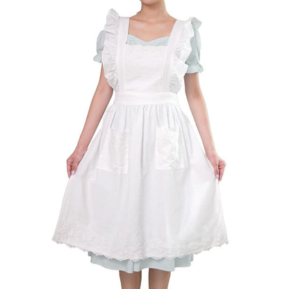 Aoomzoom Vintage Aprons for Woman with Pockets Cute Lace Ruffle Adjustable Apron for Cooking Kitchen Baking Gardening (White)