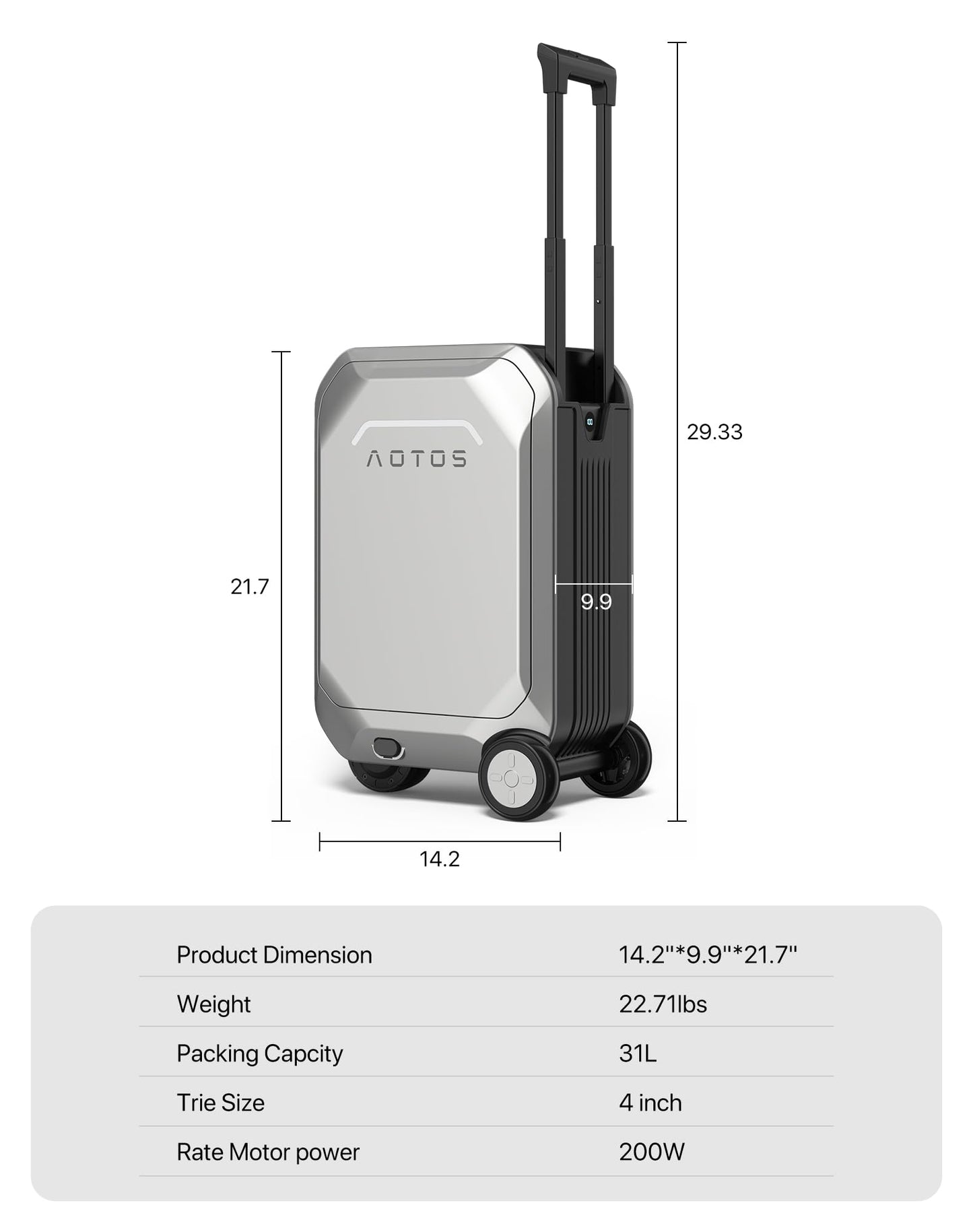AOTOS Smart Rideable luggage-Roller carry-on luggage 22x14x9-TSA,Airline-Approved 22 inch Hardshell,Zipperless Travel Suitcase with Rolling Wheels,App Control-Cabin Suitcase for Airport Travel(Silver)