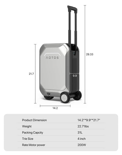 AOTOS Smart Rideable luggage-Roller carry-on luggage 22x14x9-TSA,Airline-Approved 22 inch Hardshell,Zipperless Travel Suitcase with Rolling Wheels,App Control-Cabin Suitcase for Airport Travel(Silver)