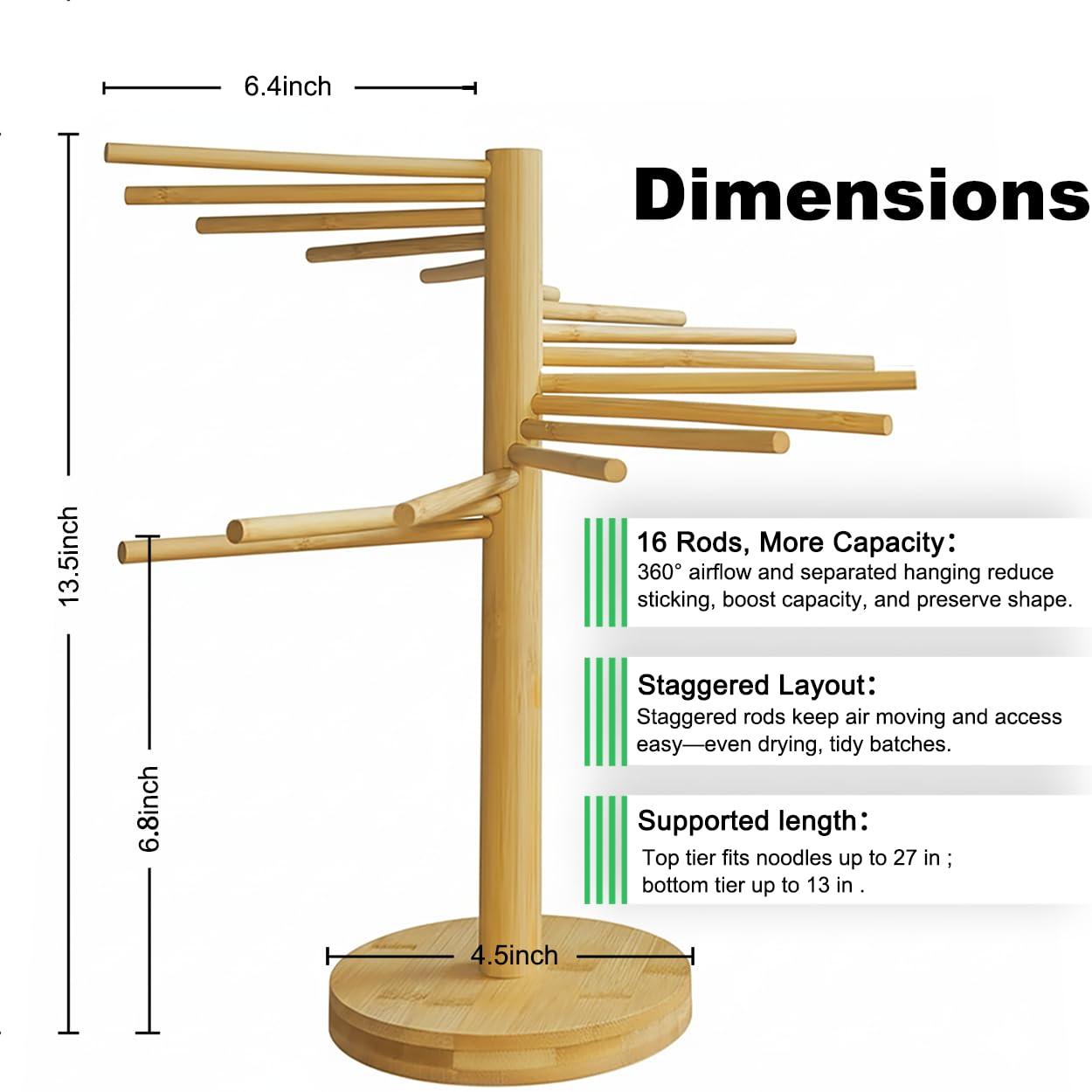 Beech Wood Pasta Drying Rack, 16 Rods – Natural Wooden Spaghetti Rack, Easy Assembly, Display-Worthy Kitchen Stand