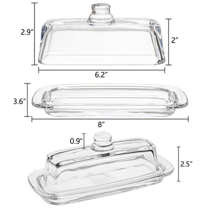 Hedume Set of 2 Glass Butter Dish with Handled Lid, Classic Clear 2-Piece Design Butter Keeper, Food Safe and Dishwasher Safe Standard Size of Butter Dish