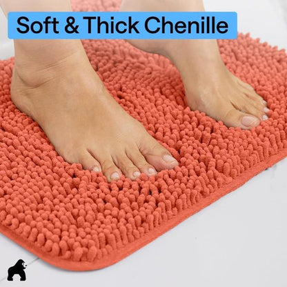 GORILLA GRIP Plush Chenille Bath Rug Mat - Soft Microfiber for Oval Toilet Base | Machine Washable, Coral