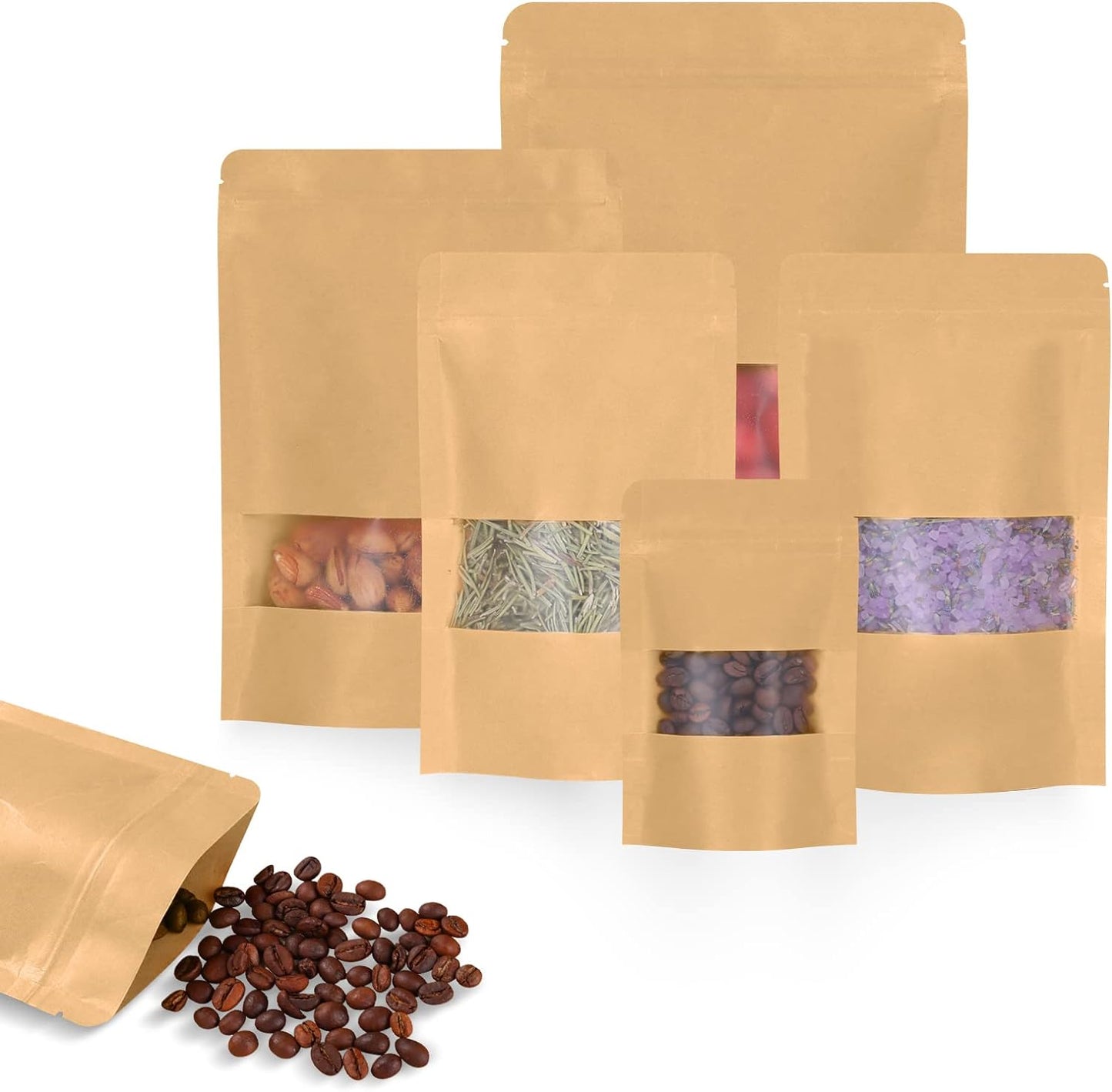 100pcs Kraft Bags with Window, 3.5x5.5 Inches, Brown Reusable Zip Lock Food Storage Pouches