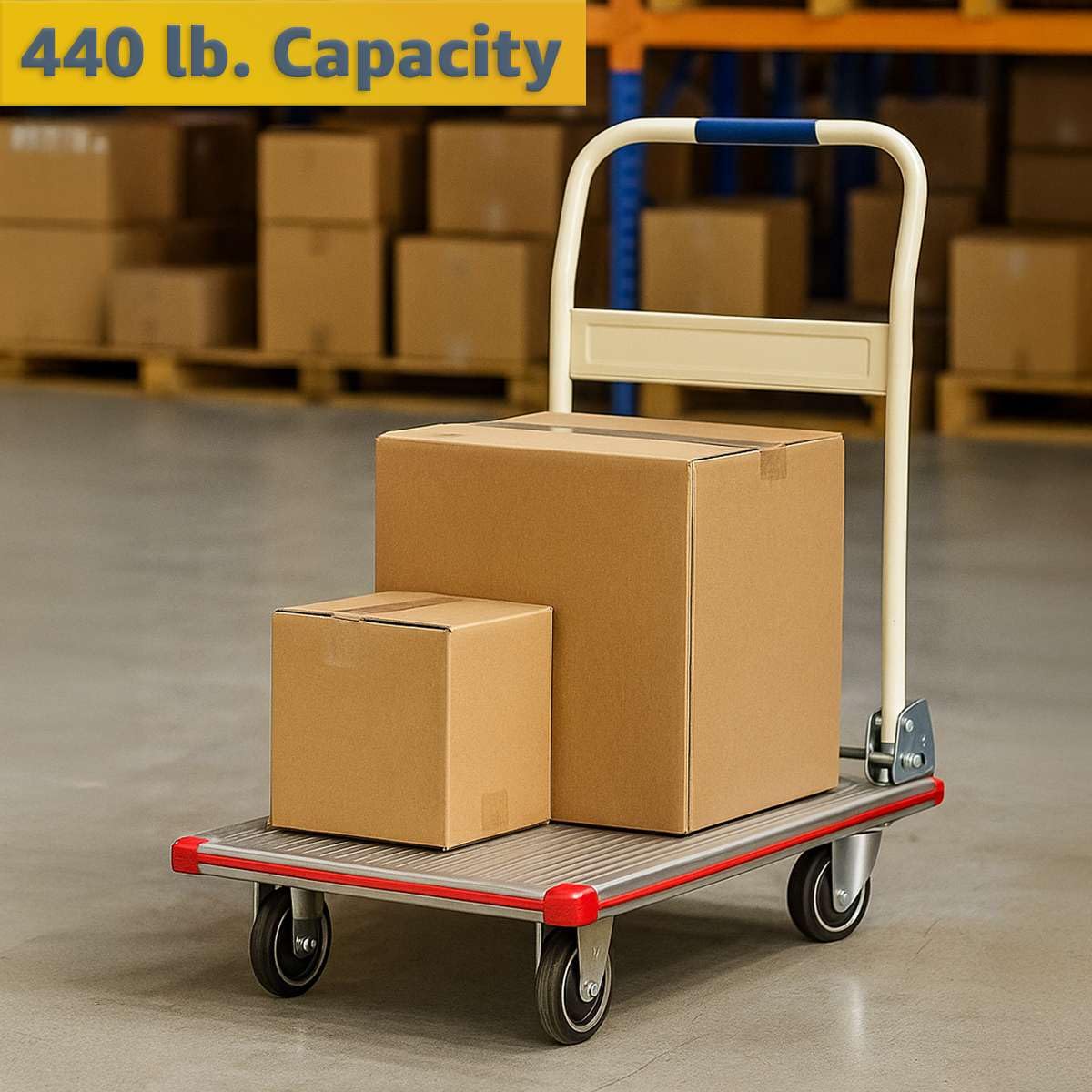 Aluminum Platform Truck 440 lb Capacity – Lightweight Cart with Folding Handle, 5″ TPR Casters & Corner Protectors – 19″ x 29″ Utility Dolly for Warehouse, Office, Retail, Silver