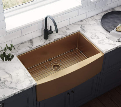 Ruvati Copper Tone 33-inch Apron-Front Farmhouse Kitchen Sink - Matte Bronze Stainless Steel Single Bowl - RVH9733CP