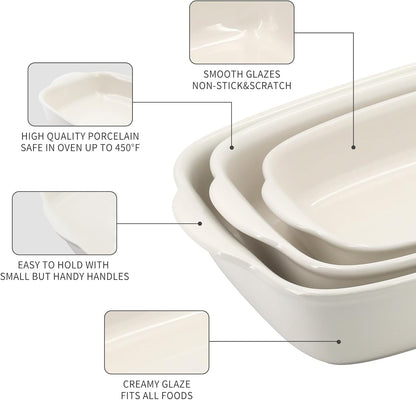 Skiennix 3-Pack Ceramic Baking Dishes Set - Heavy-Duty Oven-Safe Stoneware for Lasagna & Baking | High Heat Resistant, Handcrafted Glazed Finish (13.8''/12''/9.6'' Pure Off-White)