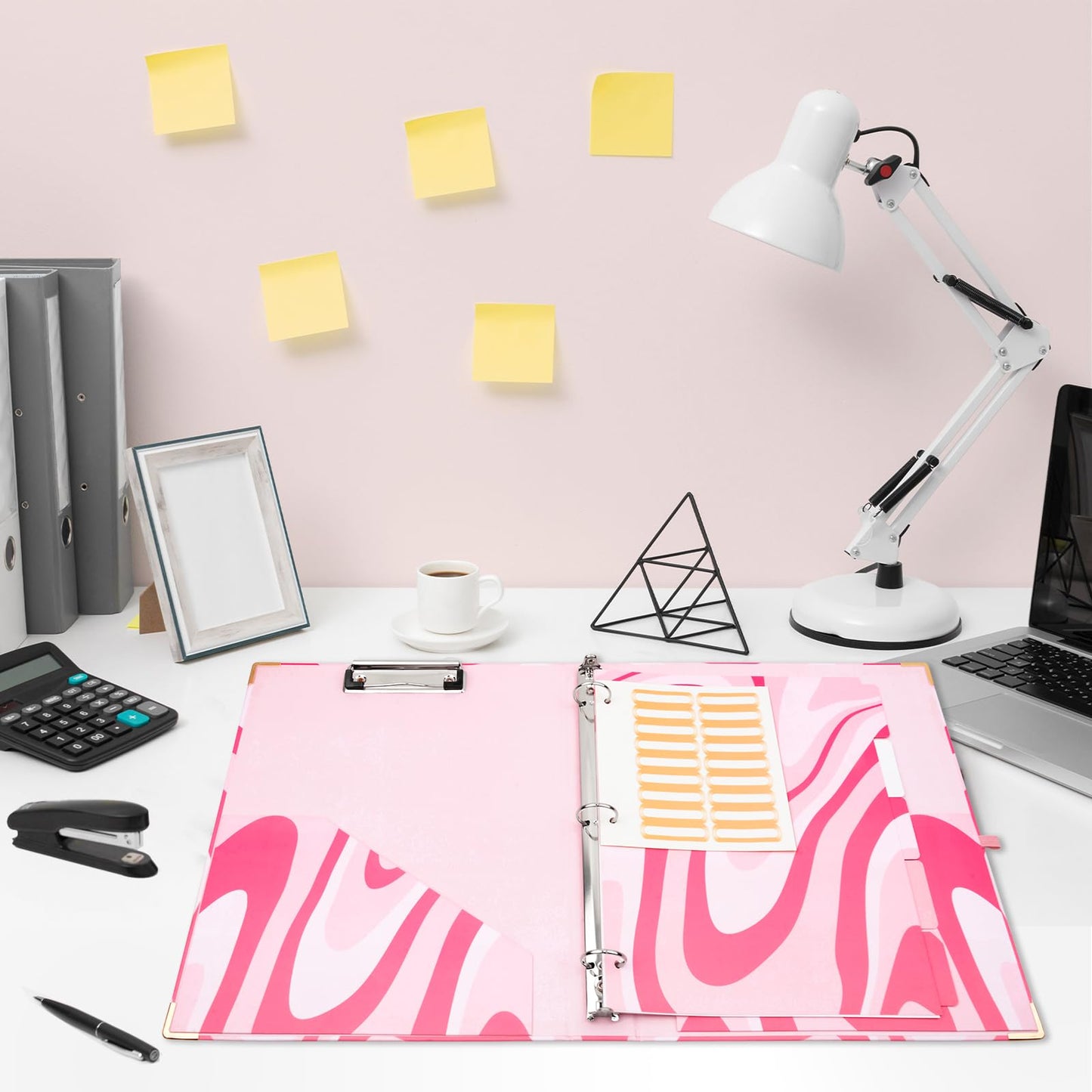 CenviaLuxy 3 Ring Binder 1 Inch Three Ring Binder Cute Binder Fits A4 Paper Decorative Clipboard Binder with 5 Tab Dividers for School Office Supplies (Pink Ripple)