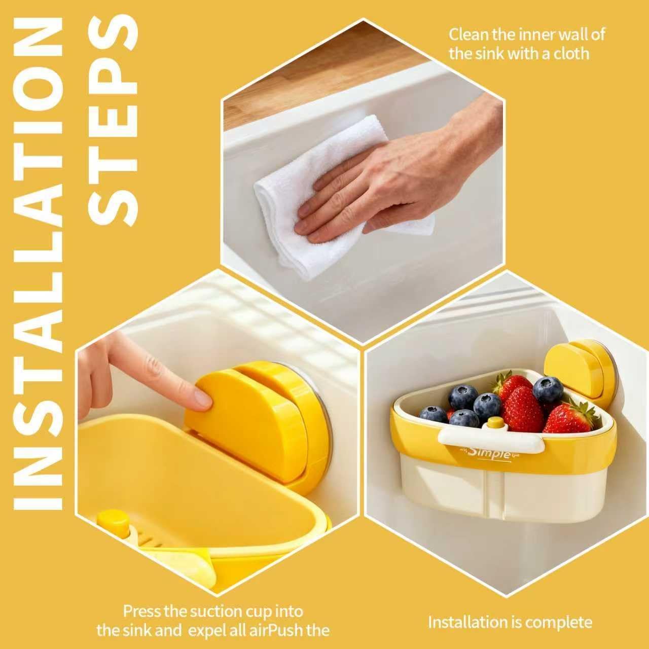 2026 New Suction Cup Sink Strainer | Corner Sink Strainer | Sinks Trash Food Waste Catcher | Triangle Storage Rack with Drain Hole | Press Automatic Dumping Sinks Drainer Basket (Yellow)