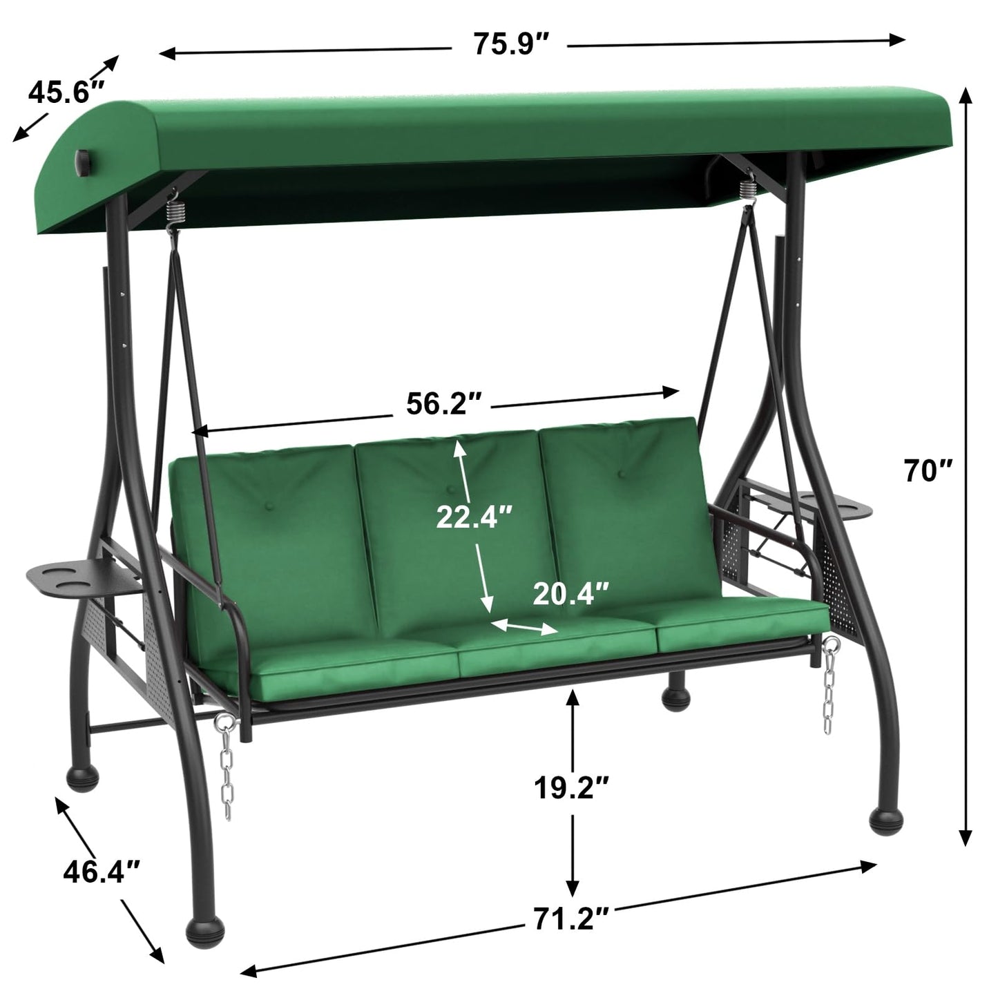 3 Person Outdoor Adult Porch Swings Bed with Stand & Adjustable Canopy, Patio Swing Daybed with Foldable Side Tray w/Thicken Cushions for Adults for Balcony Garden Deck Green