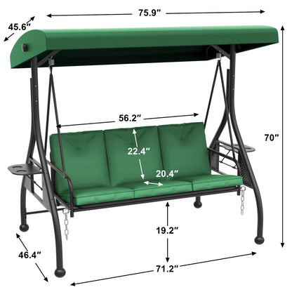 3 Person Outdoor Adult Porch Swings Bed with Stand & Adjustable Canopy, Patio Swing Daybed with Foldable Side Tray w/Thicken Cushions for Adults for Balcony Garden Deck Green