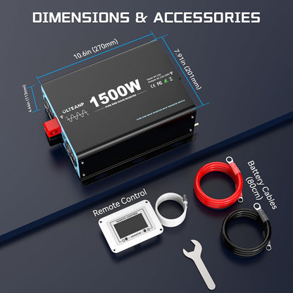 1500W Pure Sine Wave Power Inverter with Transfer Switch, 12V DC to 120V AC Converter, 3000W Peak, Auto Switch to Shore Power, Remote LCD Controller, USB & Type-C for RV, Truck, Off-Grid
