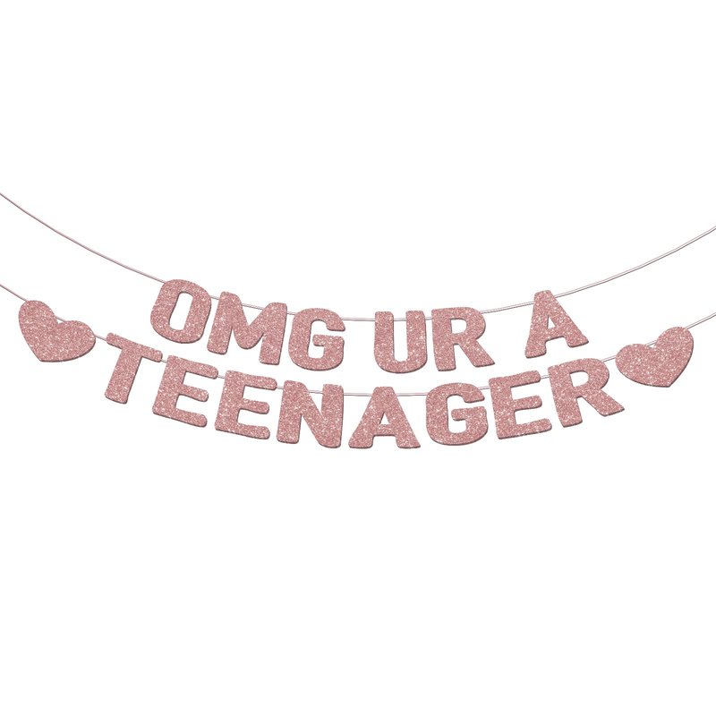 OMG UR A TEENAGER Banner – 13th Birthday Decorations for Girls, Rose Gold Glitter Happy 13th Bday Party Decor, Pre-Strung Teen Girl Birthday Decorations for 13 Year Old Girl