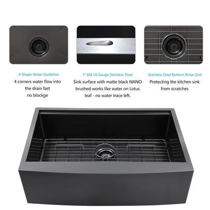 30 Black Farmhouse Sink - Lordear 30 inch Farm Kitchen Sink Workstation Apron Front 16-Gauge Gunmetal Black Stainless Steel Single Bowl Deep Kitchen Farmer Sinks, 9" Apron Height