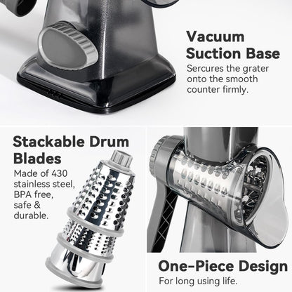 EDEFISY Cheese Grater Hand Crank Rotary Vegetables Shredder with Handle, 3-in-1 Graters with Interchangeable Blades and Non-slip Base Multifunctional Slicer for Kitchen